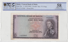 Malta, 5 Pounds, 1968, AUNC, p30a
PCGS 58, Queen Elizabeth II. Potrait
Estimate: USD 150 - 300