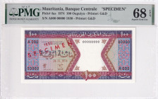 Mauritania, 100 Ouguiya, 1974, UNC, p4as, SPECIMEN
PMG 68 EPQ, High Condition 
Estimate: USD 150 - 300