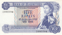 Mauritius, 5 Rupees, 1967, AUNC(+), p30a
Queen Elizabeth II. Potrait
Estimate: USD 20 - 40