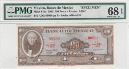 Mexico, 100 Pesos, 1963, UNC, p61bs, SPECIMEN
PMG 68 EPQ, High Condition 
Estimate: USD 150 - 300