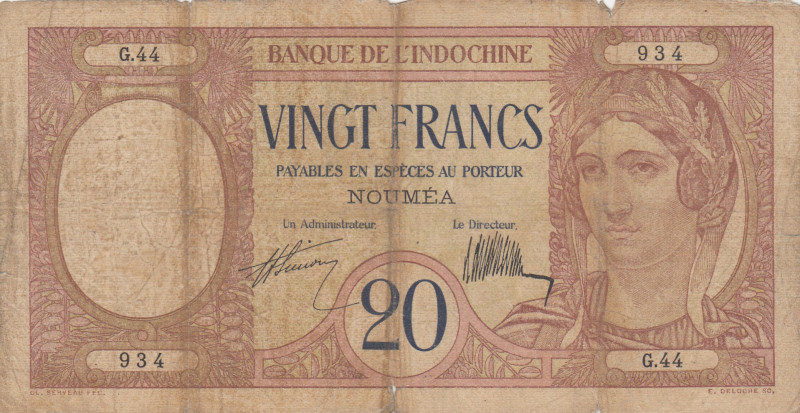 New Caledonia, 20 Francs, 1929, FINE, p37a
There are pinholes, rips and stains...