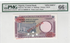Nigeria, 5 Shillings, 1967, UNC, p6s, SPECIMEN
PMG 66 EPQ
Estimate: USD 300 - 600