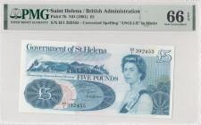 Saint Helena, 5 Pounds, 1981, UNC, p7b
PMG 66 EPQ, Kraliçe II.Elizabeth Potresi, British Administration, Corredted Spelling ''ANGLIAE''in Motto
Esti...