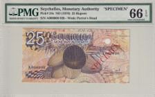 Seychelles, 25 Rupees, 1979, UNC, p24s, SPECIMEN
PMG 66 EPQ, Seychelles Monetary Authorıty
Estimate: USD 75 - 150