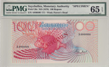 Seychelles, 100 Rupees, 1979, UNC, p26s, SPECIMEN
PMG 65 EPQ, Seychelles Monetary Authorıty
Estimate: USD 125 - 250