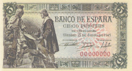 Spain, 5 Pesetas, 1945, UNC, p129a
Banco De Espana
Estimate: USD 25 - 50