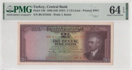 Turkey, 2 1/2 Lira, 1947, UNC, p140, 3.Emission
PMG 64 EPQ, very rare letter
Estimate: USD 1400 - 2800
