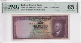 Turkey, 2 1/2 Lira, 1947, UNC, p140, 3.Emission
PMG 65 EPQ
Estimate: USD 750 - 1500