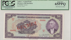 Turkey, 50 Lira, 1947, UNC, p142As, SPECIMEN
3.Emission, PCGS 65 PPQ
Estimate: USD 150 - 300