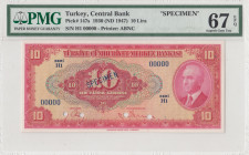Turkey, 10 Lira, 1947, UNC, p147s, SPECIMEN
4.Emission, PMG 67 EPQ, High condition 
Estimate: USD 750 - 1500