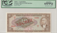 Turkey, 10 Lira, 1948, UNC, p148s, SPECIMEN
4.Emission, PCGS 65 PPQ
Estimate: USD 100 - 200