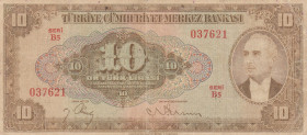 Turkey, 10 Lira, 1948, FINE, p148, 4.Emission
repaired, There are stains and split
Estimate: USD 50 - 100