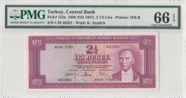 Turkey, 2 1/2 Lira, 1957, UNC, p152a, 5.Emission
PMG 66 EPQ, The fourth highest rated banknotes
Estimate: USD 1000 - 2000