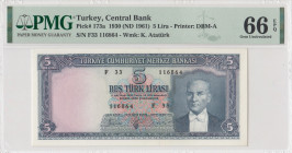 Turkey, 5 Lira, 1961, UNC, p173a, 5.Emission
PMG 66 EPQ
Estimate: USD 1000 - 2000