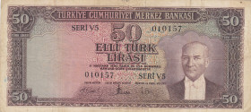 Turkey, 50 Lira, 1957, VF(-), p165, 5.Emission
There are stains and split
Estimate: USD 20 - 40