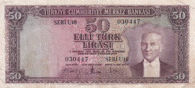 Turkey, 50 Lira, 1957, FINE, p165, 5.Emission
There are stains and split
Estimate: USD 20 - 40