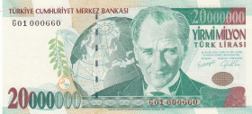 Turkey, 20.000.000 Lira, 2001, UNC, p215, 7.Emission
"G01" prefix, First Thousand Serial Numbers
Estimate: USD 75 - 150
