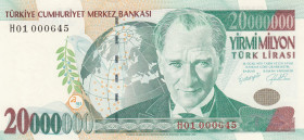 Turkey, 20.000.000 Lira, 2001, UNC, p215, 7.Emission
"H01" prefix, First Thousand Serial Numbers
Estimate: USD 75 - 150