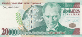 Turkey, 20.000.000 Lira, 2001, UNC(-), p215, 7.Emission
"C01" prefix, First Thousand Serial Numbers
Estimate: USD 75 - 150