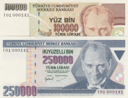 Turkey, 100.000-250.000 Lira, 1996/1998, UNC, p206; p211, 7.Emission
Matching serial numbers, Low Serial Number
Estimate: USD 50 - 100