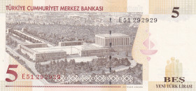 Turkey, 5 New Lira, 2005, UNC, p217, 8. Emisyon
Nice serial number
Estimate: USD 20 - 40