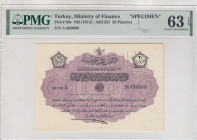 Turkey, Ottoman Empire, 20 Piastres, 1912, UNC, p80s, SPECIMEN
PMG 63 EPQ, V. Mehmed Reşad Period, AH: 22 December 1331, sign: Talat / Hüseyin Cahid...
