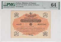 Turkey, Ottoman Empire, 20 Piastres, 1913, UNC, p88, Talat / Hüseyin Cahid
PMG 64, V. Mehmed Reşad Period, AH: 6 August 1332,sign: Talat / Hüseyin Ca...