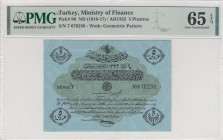 Turkey, Ottoman Empire, 5 Piastres, 1916, UNC, p96, Cavid / Hüseyin Cahid
PMG 65 EPQ, V. Mehmed Reşad Period, AH: 4 February 1332, Sign: Cavid / Hüse...