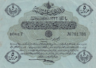 Turkey, Ottoman Empire, 5 Piastres, 1917, XF, p96, Cavid / Hüseyin Cahid
V. Mehmed Reşad Period, AH: 4 February 1332, Sign: Cavid / Hüseyin Cahid, Th...