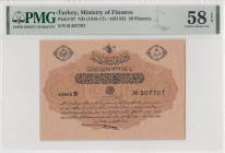 Turkey, Ottoman Empire, 20 Piastres, 1917, AUNC, p97, Cavid / Hüseyin Cahid
PMG 58 EPQ, V. Mehmed Reşad Period, AH: 4 February 1332, Sign: Cavid / Hü...