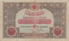 Turkey, Ottoman Empire, 25 Livres, 1917, FINE, p105, Cavid / Hüseyin Cahid
Cavid / Hüseyin Cahid, V. Mehmed Reşad Period, AH: 28 March 1333,sign: Cav...