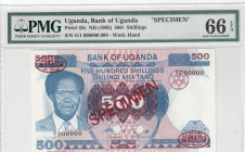 Uganda, 500 Shillings, 1983, UNC, p22s, SPECIMEN
PMG 66 EPQ
Estimate: USD 250 - 500