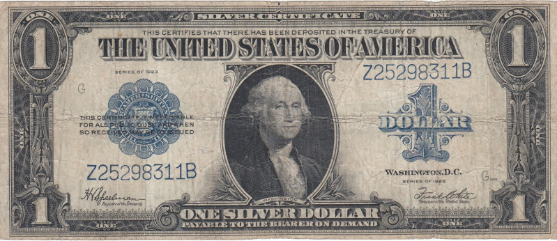 United States of America, 1 Dollar, 1923, VF(-), p342
Silver Certificate - blue...