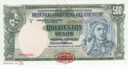 Uruguay, 500 Pesos, 1939, UNC, p44s, SPECIMEN
Central Bank of Uruguay 
Estimate: USD 175 - 350
