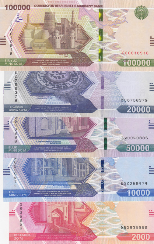 Uzbekistan, 2.000-10.000-20.000-50.000-100.000 Som, 2021, pNew, (Total 5 banknot...