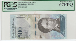 Venezuela, 500 Bolivares, 2016, UNC, p94a
PCGS 67 PPQ, High Condition
Estimate: USD 25 - 50