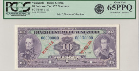 Venezuela, 10 Bolivares, 1977, UNC, p51s3, SPECIMEN
PMG 66 EPQ, Banco Central
Estimate: USD 75 - 150