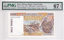 West African States, 1.000 Francs, 1997, UNC, p111Ag
PMG 67 EPQ, High condition , "A'' Ivory Coast
Estimate: USD 50 - 100