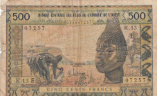 West African States, 500 Francs, 1961, FINE, p502Ec
"E" Mauritania, There are breaks, openings, tears and stains
Estimate: USD 30 - 60