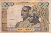 West African States, 1.000 Francs, 1959/1965, VF(-), p703Kh
"K'' Senegal, There are stains and split
Estimate: USD 20 - 40