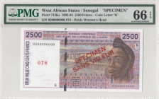 West African States, 2.500 Francs, 1992/1994, UNC, p712s, SPECIMEN
PMG 66 EPQ
Estimate: USD 150 - 300