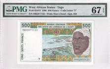 West African States, 500 Francs, 1996, UNC, p810Tf
PMG 67 EPQ, High condition , "T" Togo
Estimate: USD 50 - 100