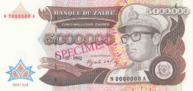 Zaire, 5.000.000 Zaires, 1992, AUNC, p46s, SPECIMEN
Estimate: USD 15 - 30