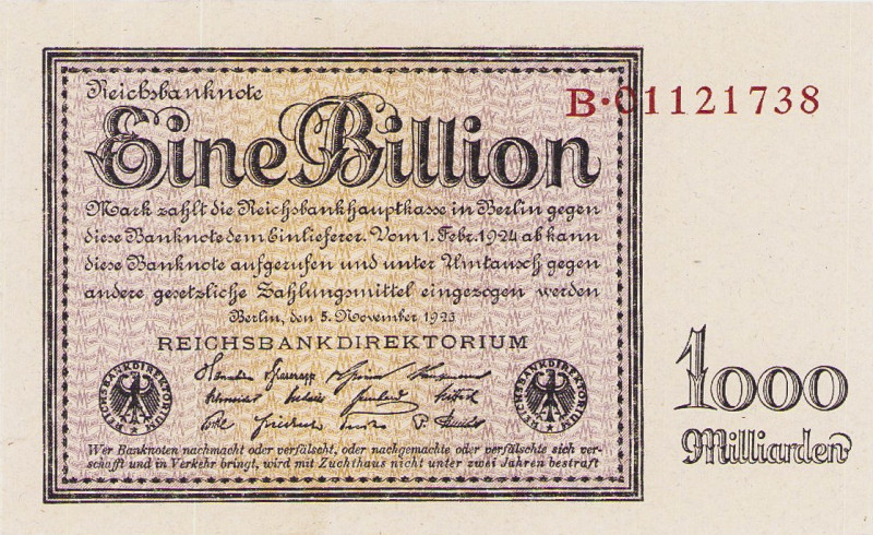 Deutsches Reich bis 1945
Geldscheine der Inflation 1919-1924 1 Billion Mark 5.1...