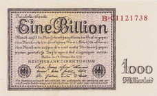 Deutsches Reich bis 1945
Geldscheine der Inflation 1919-1924 1 Billion Mark 5.11.1923. Serie B, S, AC und AJ Ro. 131 a-d 4 Stück. I-III