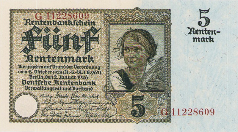 Deutsches Reich bis 1945
Deutsche Rentenbank 1923-1937 5 Rentenmark 2.1.1926. R...