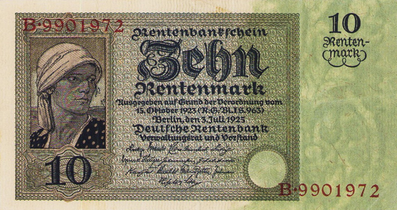Deutsches Reich bis 1945
Deutsche Rentenbank 1923-1937 10 Rentenmark 3.7.1925. ...