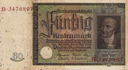 Deutsches Reich bis 1945
Deutsche Rentenbank 1923-1937 50 Rentenmark 6.7.1934. Dazu 1 und 2 Rentenmark 30.1.1937. Ro. 165, 166 b, 167 b 3 Stück. II-I...