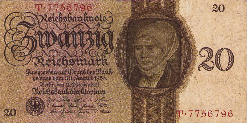 Deutsches Reich bis 1945
Deutsche Reichsbank 1924-1945 20 Reichsmark 11.10.1924...