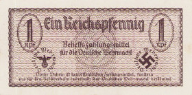 Deutsches Reich bis 1945
Behelfszahlungsmittel für die deutsche Wehrmacht 1 Reichspfennig o.J. Auf der Rückseite Stempel Oberkommando der Truppen des...